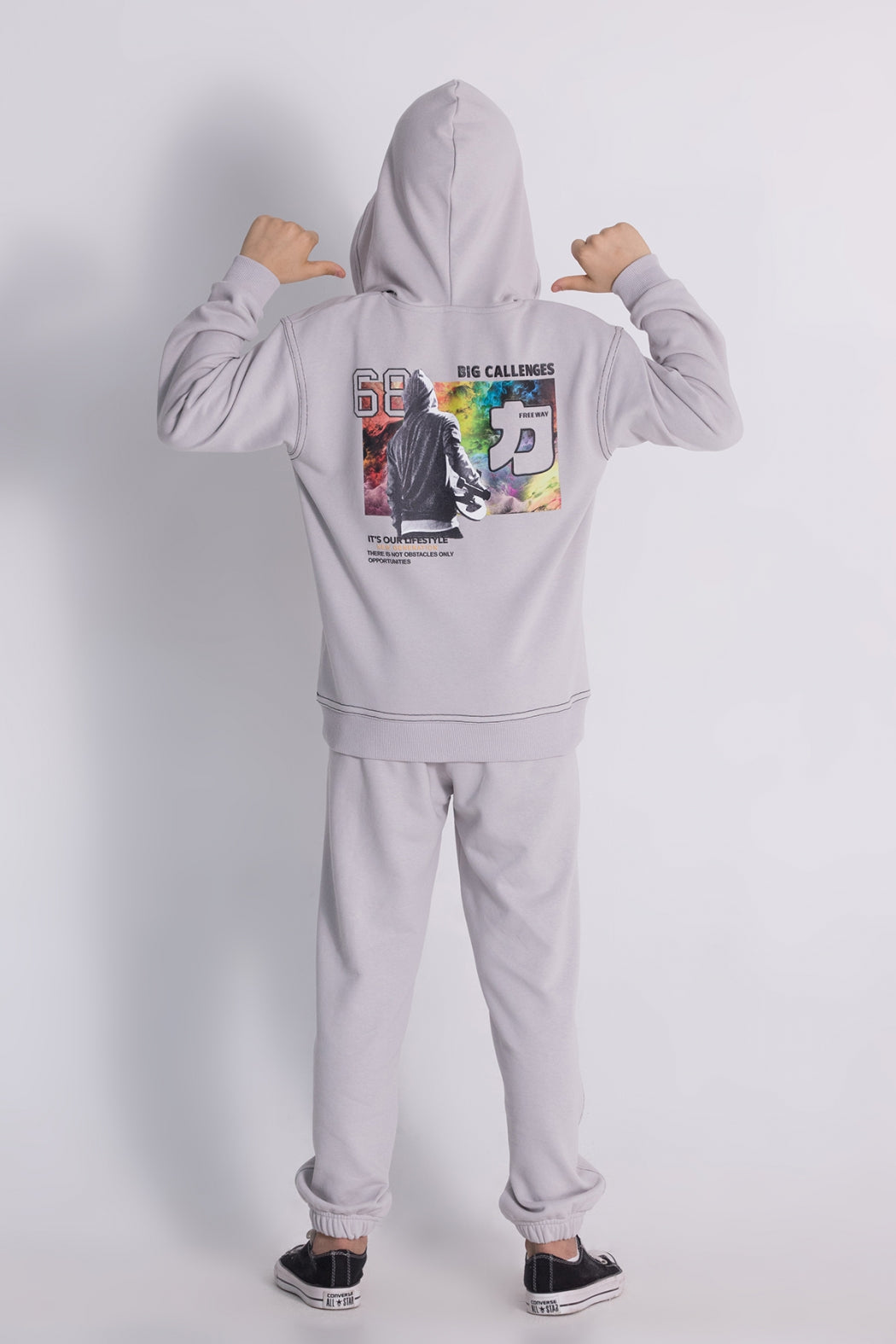 Erkek Çocuk Kapüşonlu Eşofman Takımı Ön ve Sırt Baskılı Cepli Rahat Kalıp