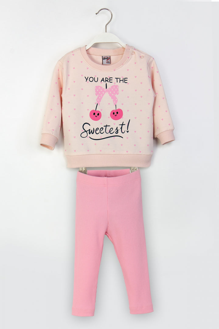 Kız Çocuk Kalp ve Kiraz Desenli Taytlı Takım