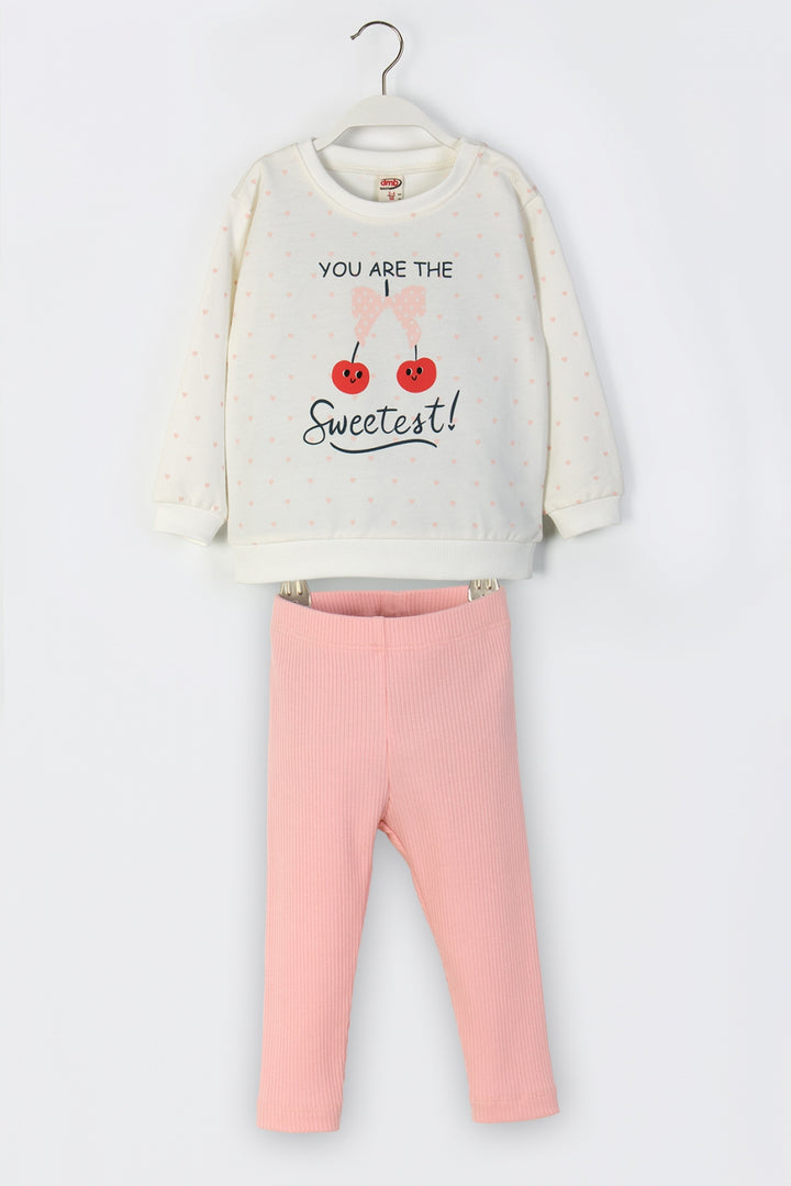 Kız Çocuk Kalp ve Kiraz Desenli Taytlı Takım