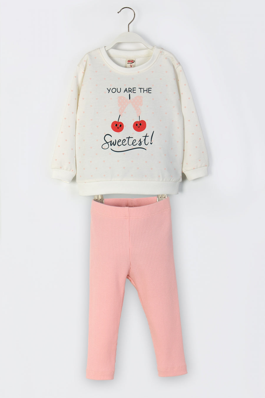 Kız Çocuk Kalp ve Kiraz Desenli Taytlı Takım