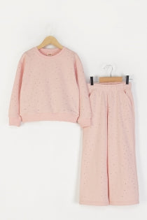 Kız Çocuk 2’li Taş Detaylı Alt-Üst Takım Beli Lastikli Rahat Kesim Eşofman Takım