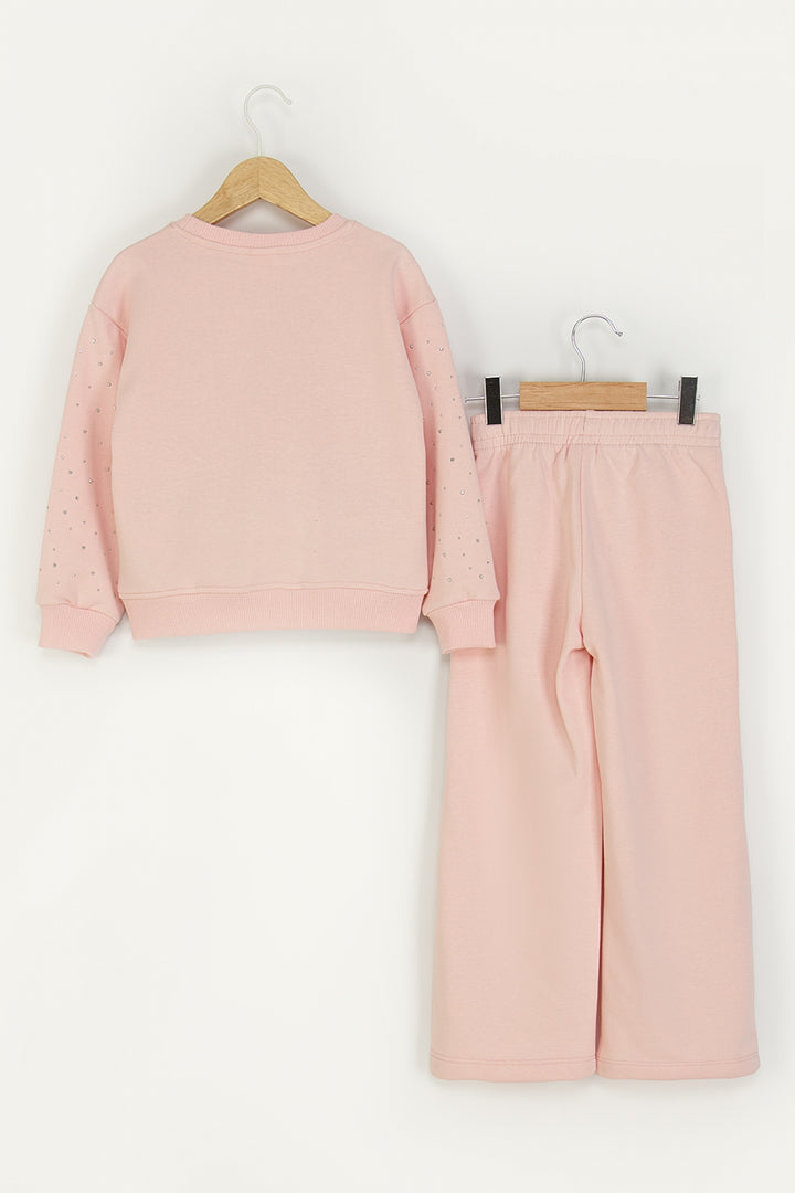 Kız Çocuk 2’li Taş Detaylı Alt-Üst Takım Beli Lastikli Rahat Kesim Eşofman Takım