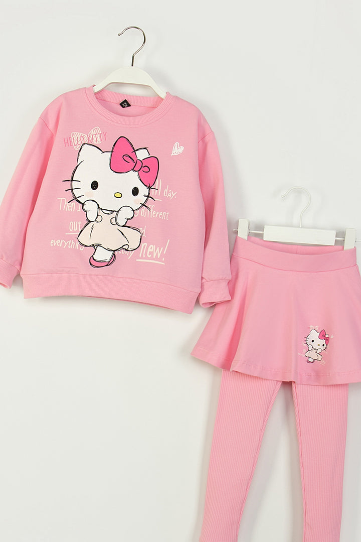 Kız Çocuk Hello Kitty Baskılı 2'li Takım Sweatshirt ve Etekli Tayt Kombinli