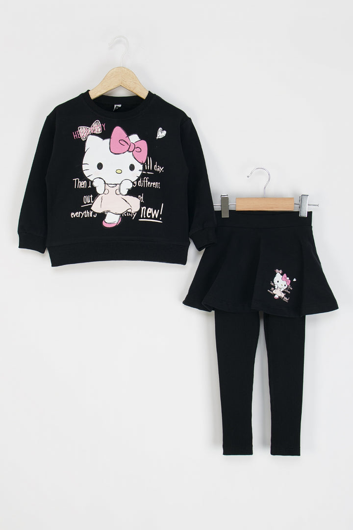 Kız Çocuk Hello Kitty Baskılı 2'li Takım Sweatshirt ve Etekli Tayt Kombinli