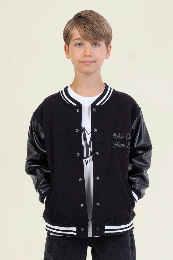 Erkek Çocuk Kolej Deri Kollu Şardonlu Ceket Mont