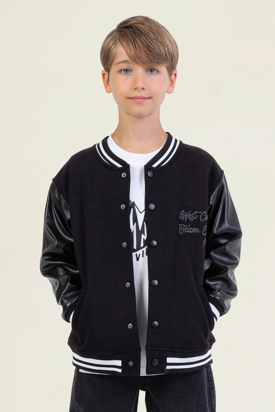 Erkek Çocuk Kolej Deri Kollu Şardonlu Ceket Mont