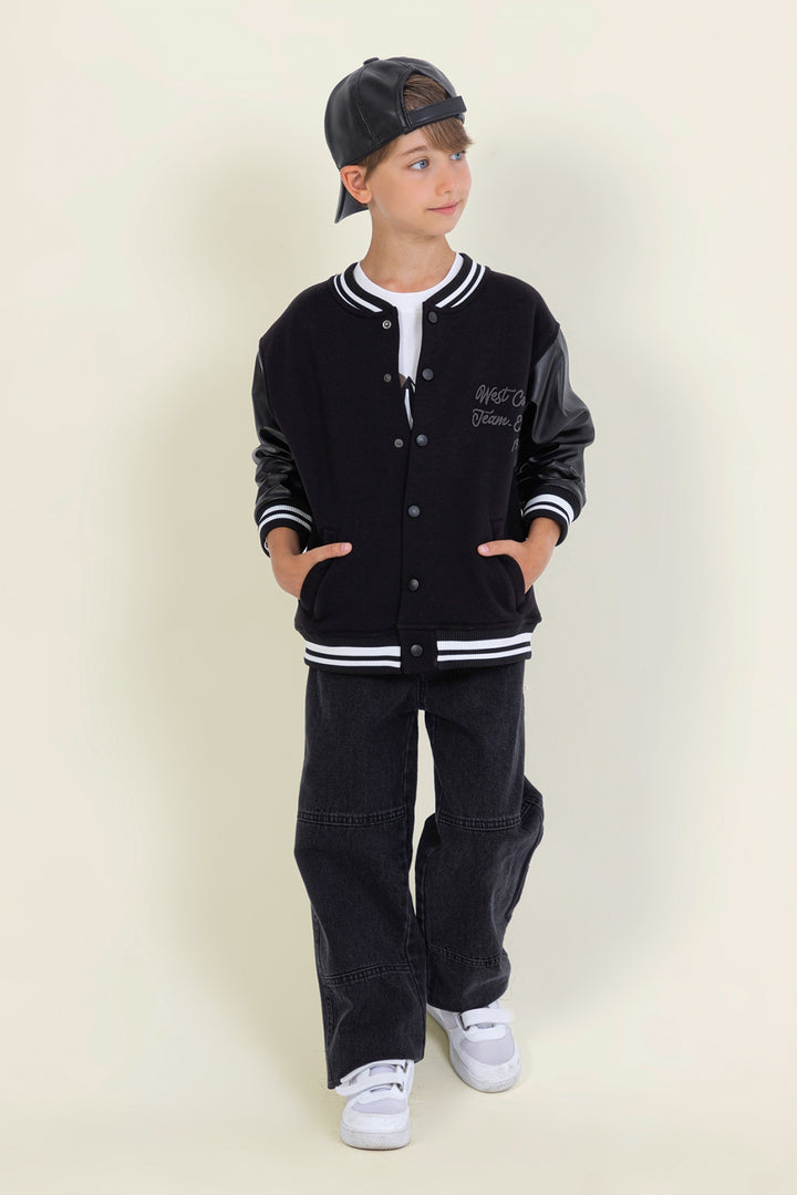 Erkek Çocuk Kolej Deri Kollu Şardonlu Ceket Mont