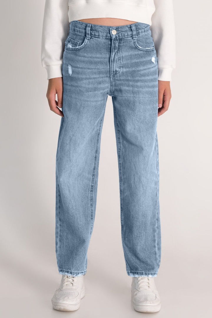 Yüksek Bel Straight Fit Düz Paça Jean Kız Çocuk Kot Pantolon