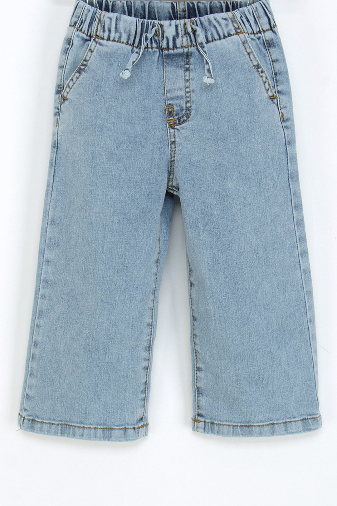 Kız Çocuk Beli Lastikli Kot Pantolon Geniş Paça Rahat Kalıp Jean