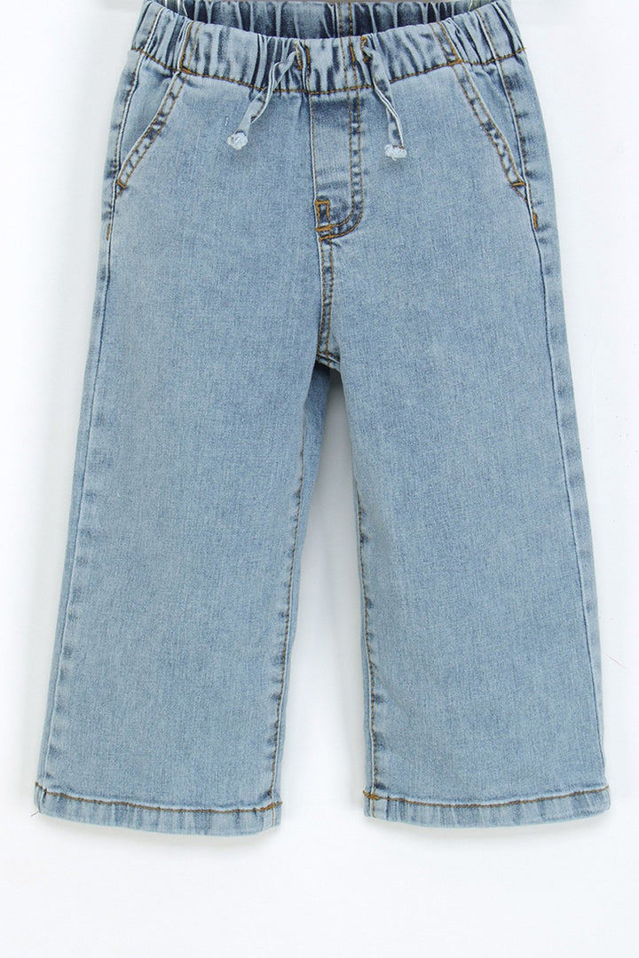 Kız Çocuk Beli Lastikli Kot Pantolon Geniş Paça Rahat Kalıp Jean