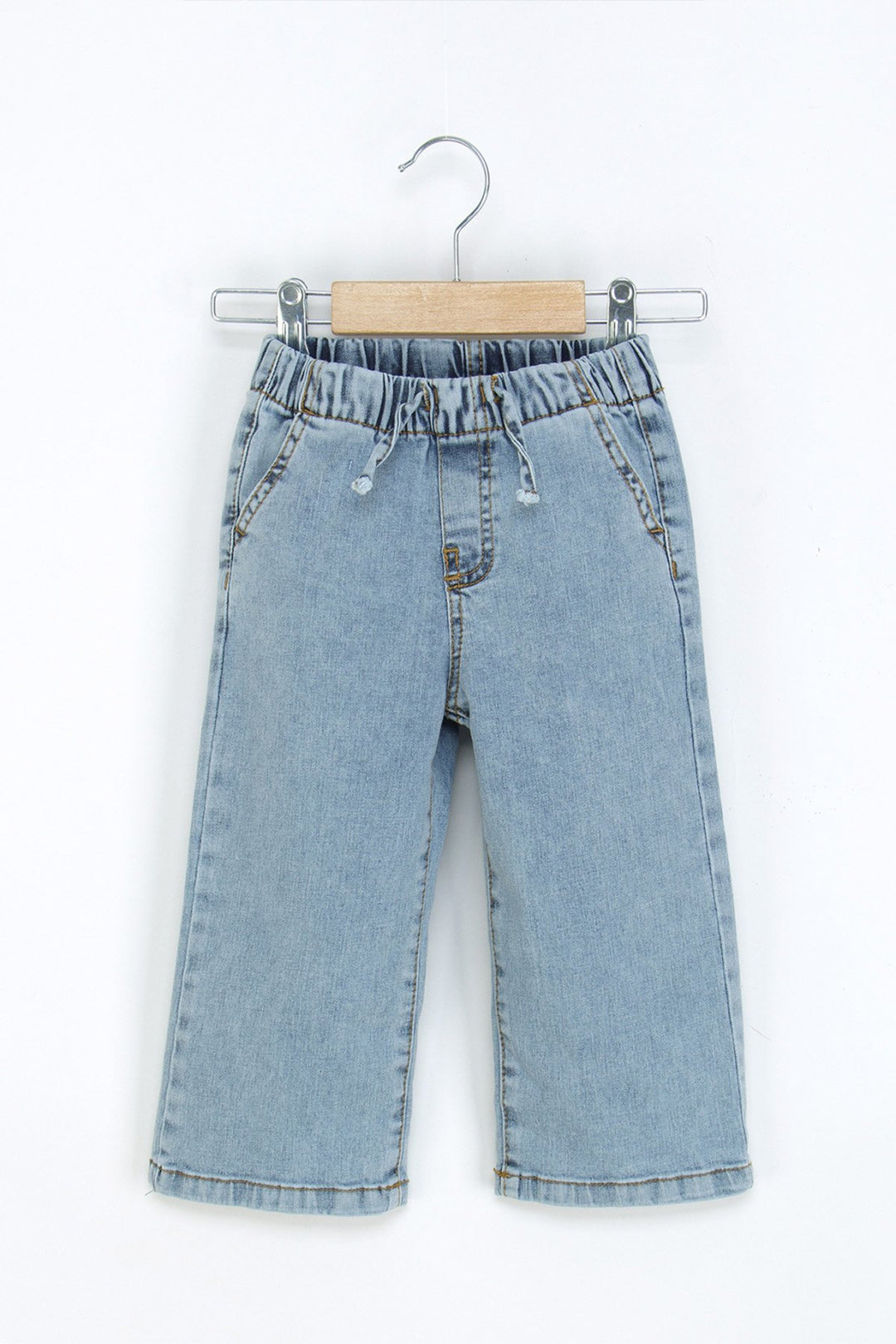Kız Çocuk Beli Lastikli Kot Pantolon Geniş Paça Rahat Kalıp Jean