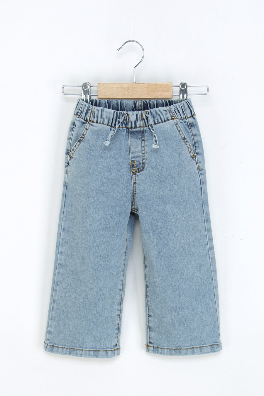 Kız Çocuk Beli Lastikli Kot Pantolon Geniş Paça Rahat Kalıp Jean