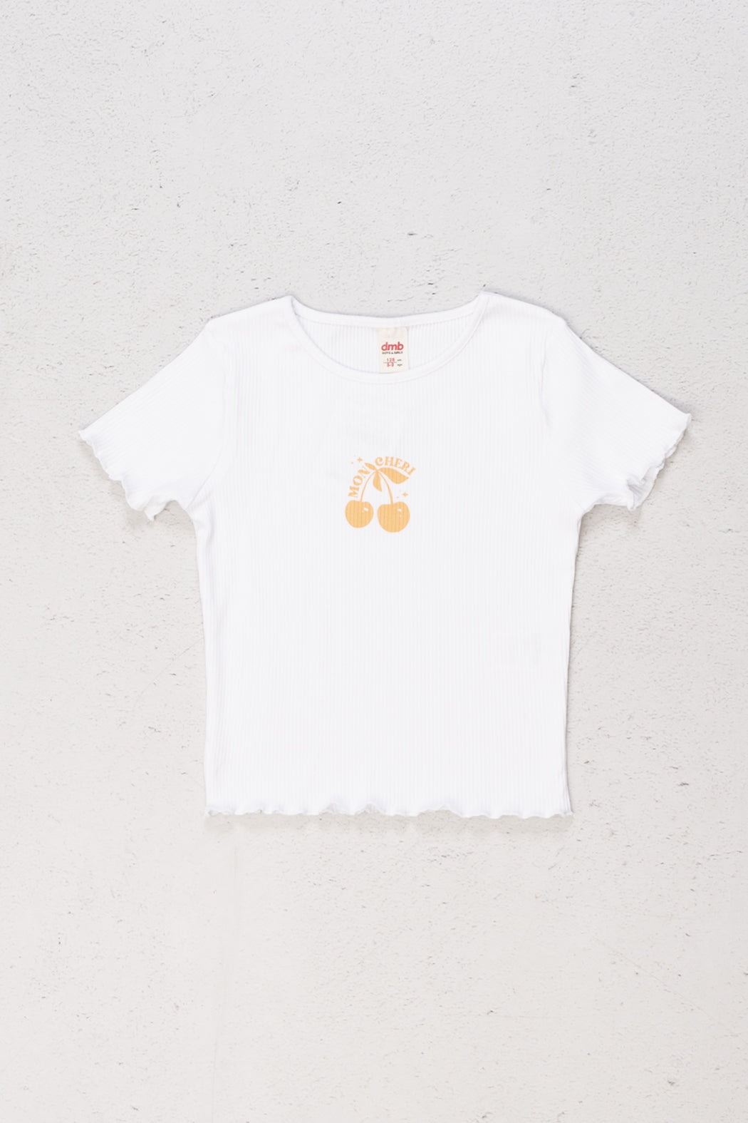 Kiraz Desenli Ribanalı Kol Ucu Dalgalı Pamuklu Kısa Kol Kız Çocuk T-shirt