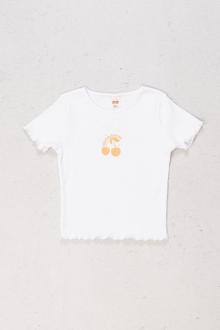 Kiraz Desenli Ribanalı Kol Ucu Dalgalı Pamuklu Kısa Kol Kız Çocuk T-shirt