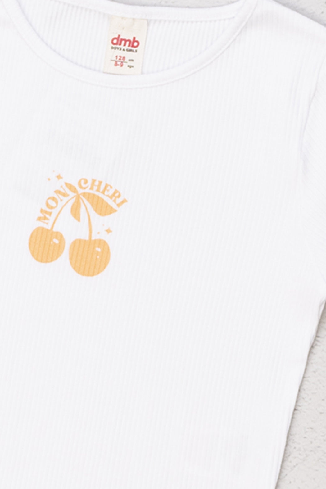 Kiraz Desenli Ribanalı Kol Ucu Dalgalı Pamuklu Kısa Kol Kız Çocuk T-shirt