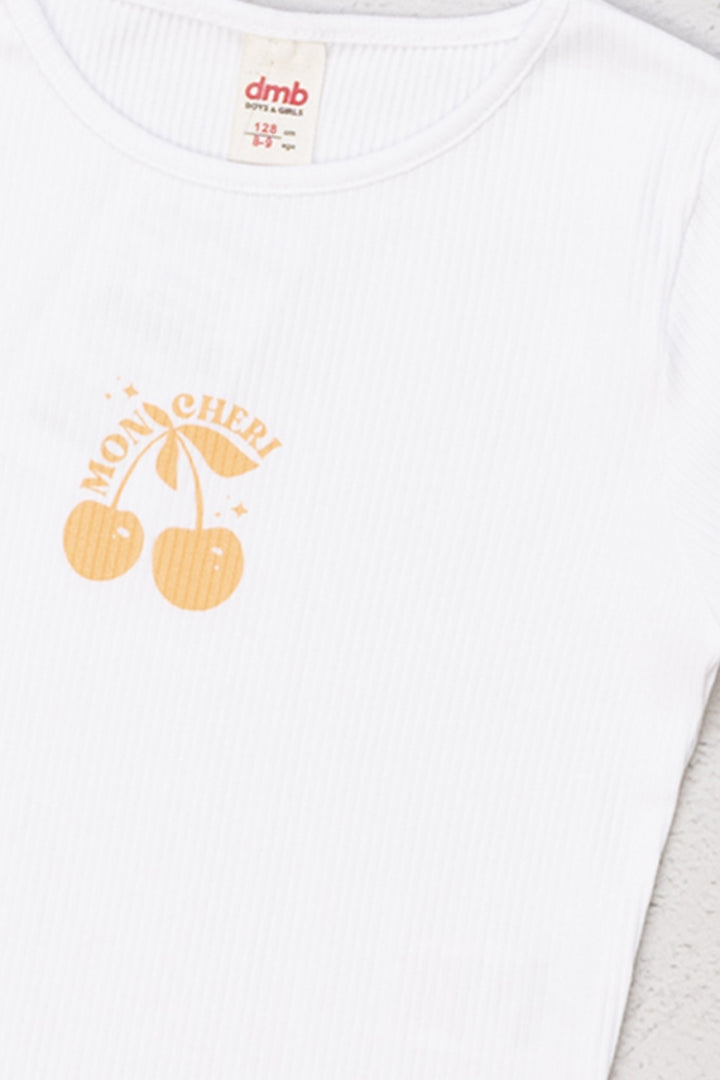 Kiraz Desenli Ribanalı Kol Ucu Dalgalı Pamuklu Kısa Kol Kız Çocuk T-shirt