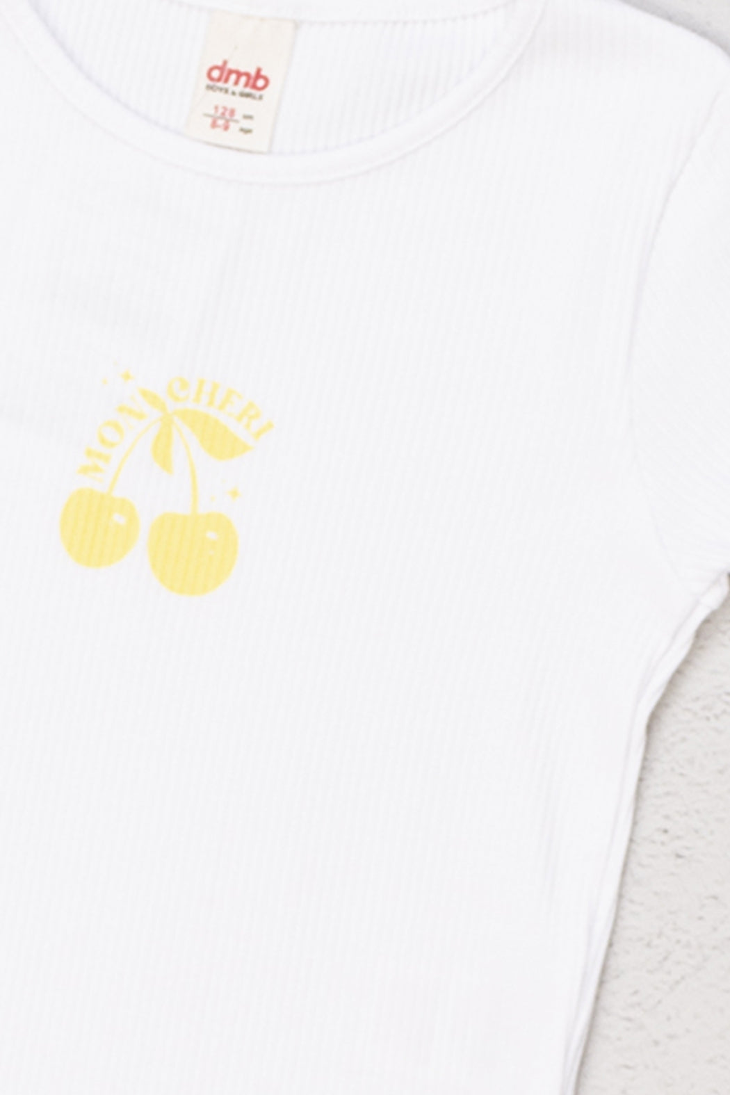 Kiraz Desenli Ribanalı Kol Ucu Dalgalı Pamuklu Kısa Kol Kız Çocuk T-shirt