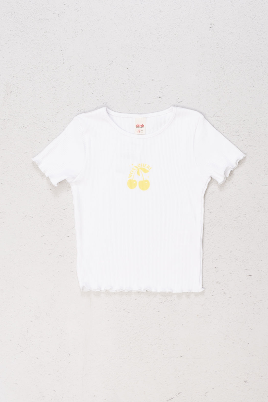 Kiraz Desenli Ribanalı Kol Ucu Dalgalı Pamuklu Kısa Kol Kız Çocuk T-shirt