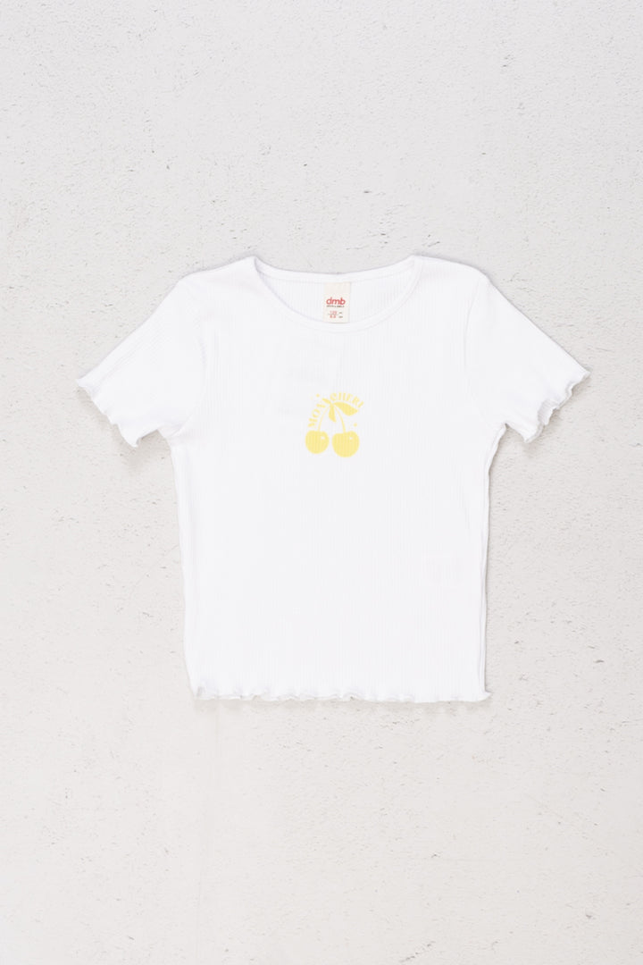 Kiraz Desenli Ribanalı Kol Ucu Dalgalı Pamuklu Kısa Kol Kız Çocuk T-shirt
