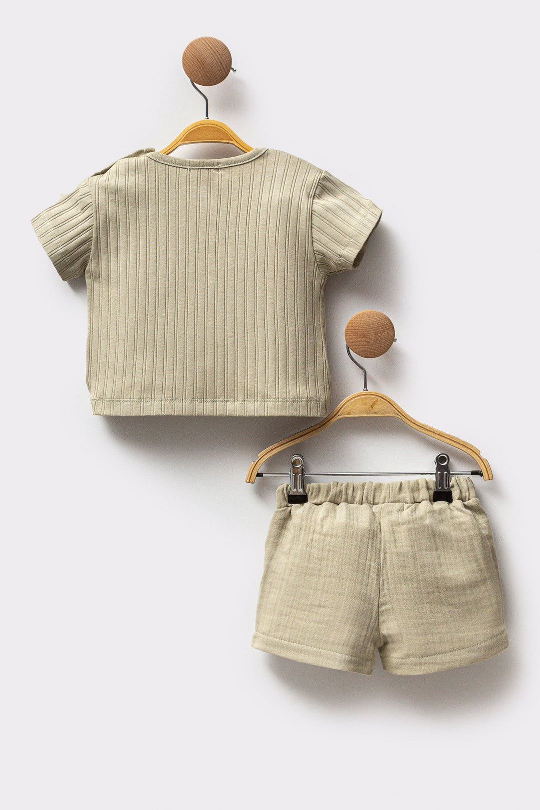 Yazı Nakışlı Fitilli Pamuklu T-shirt Müslin Kumaş Short 2'li Erkek Bebek Takım