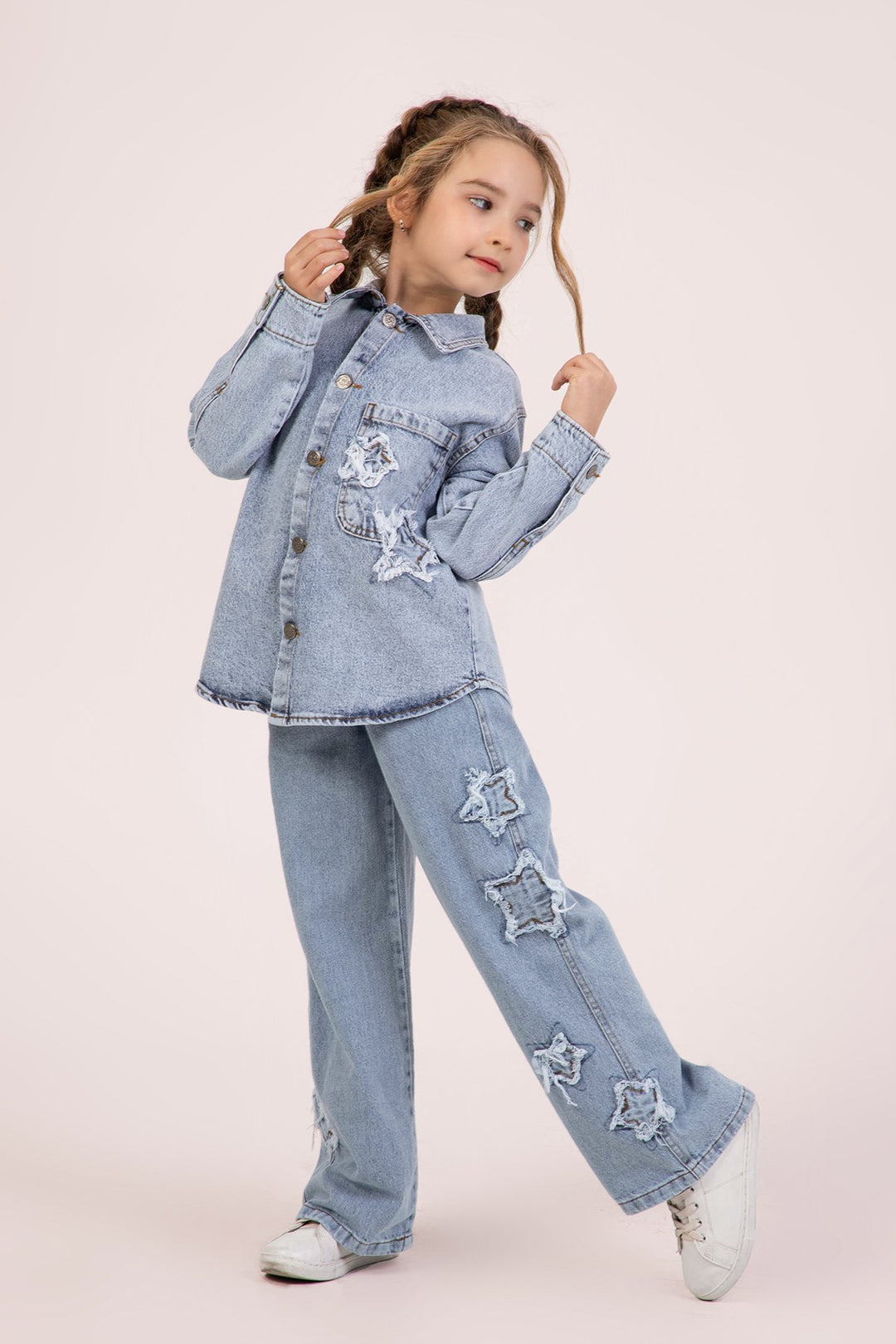 Beli Lastikli Yüksek Bol Paça Wide Leg Yıldız Nakışlı Kız Çocuk Kot Pantolon