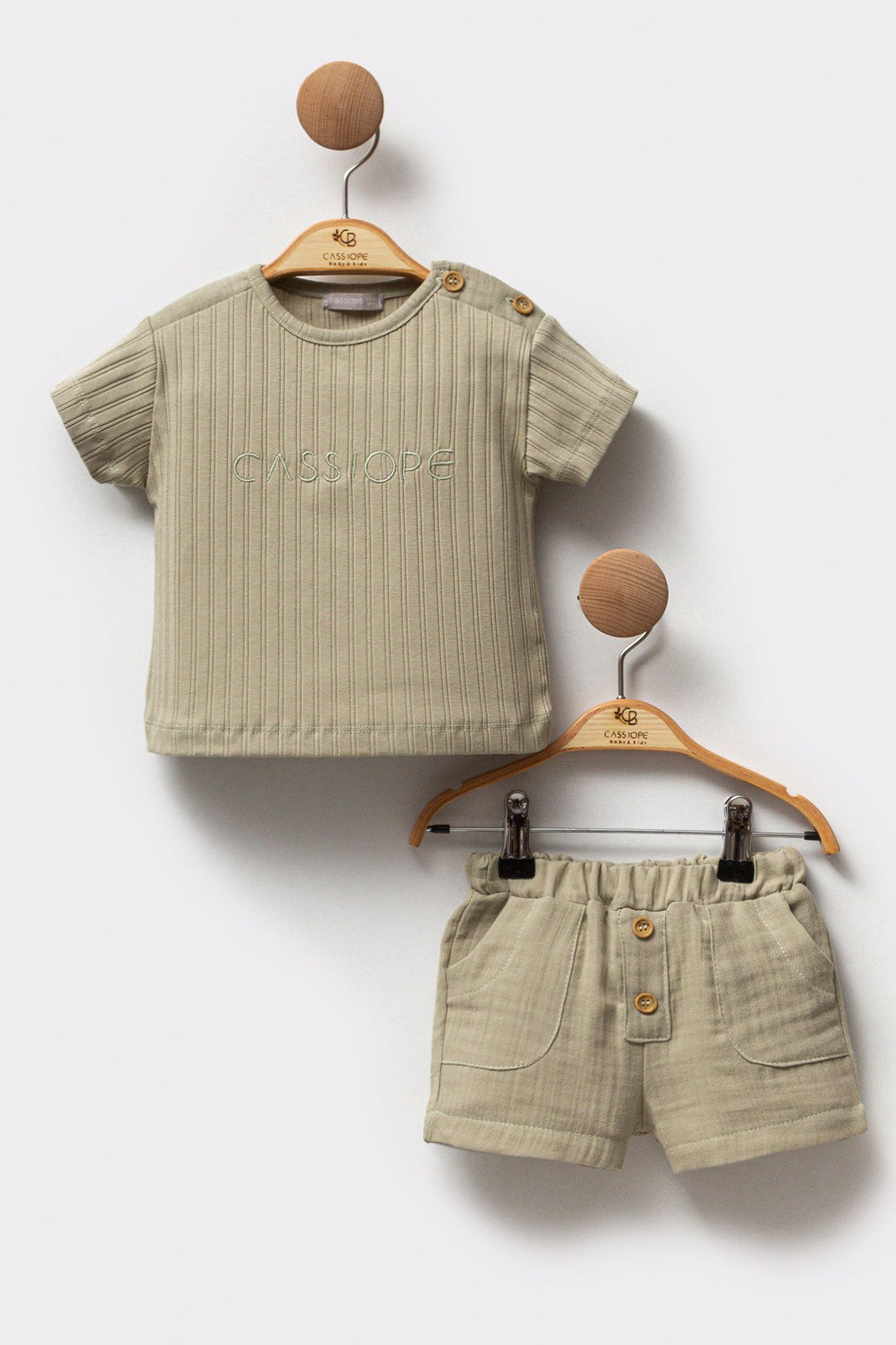 Yazı Nakışlı Fitilli Pamuklu T-shirt Müslin Kumaş Short 2'li Erkek Bebek Takım