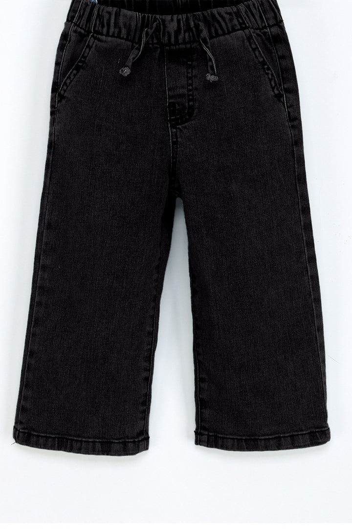 Kız Çocuk Beli Lastikli Kot Pantolon Geniş Paça Rahat Kalıp Jean