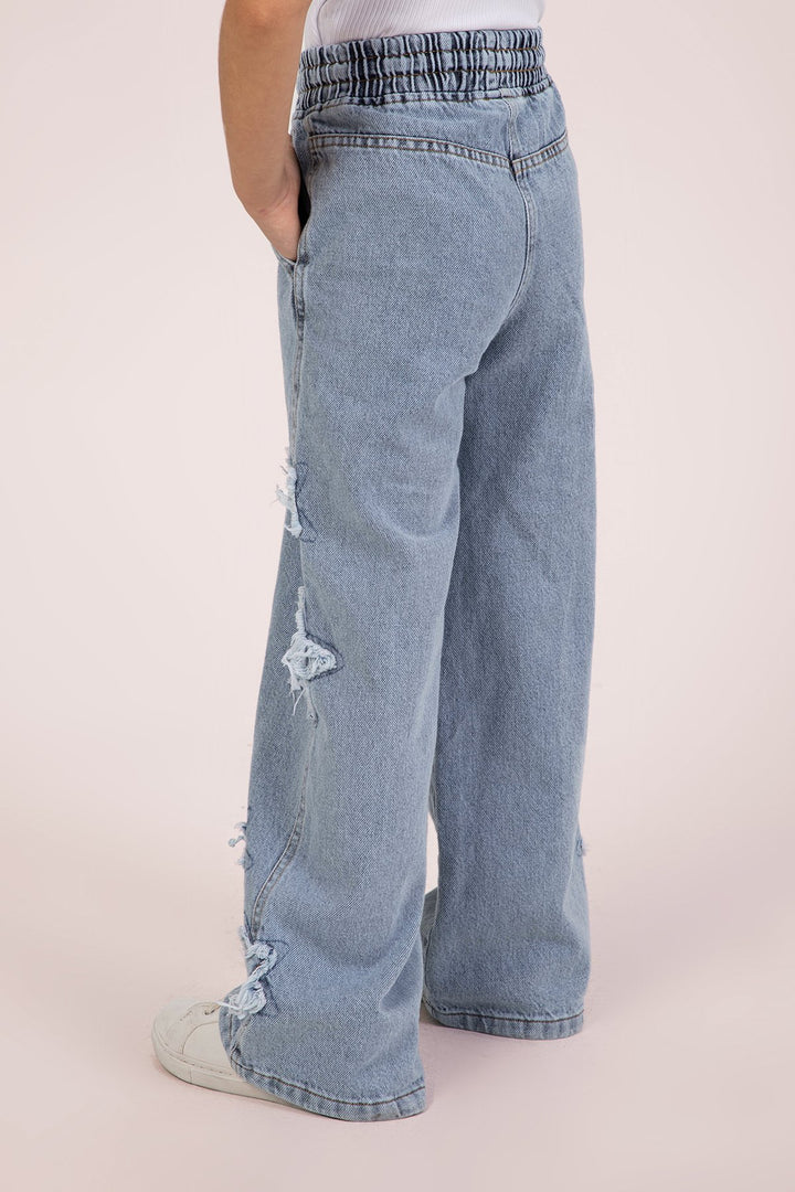 Beli Lastikli Yüksek Bol Paça Wide Leg Yıldız Nakışlı Kız Çocuk Kot Pantolon