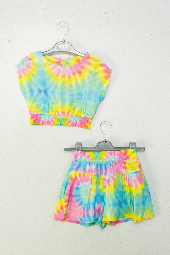 Rengarenk Batik Desenli Crop Bluz ve Şort Hafif Rahat Kesim İkili Kız Çocuk Takım