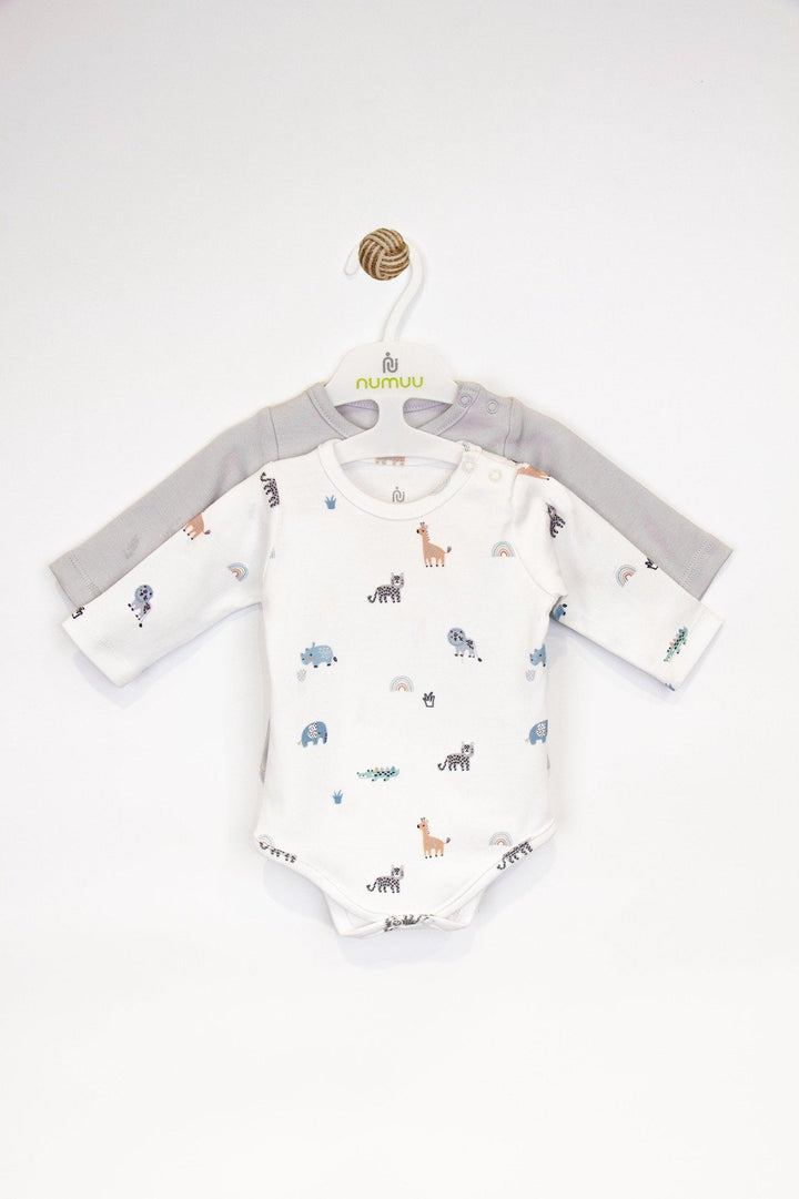 Sevimli Animal Desenli 2'li Uzun Kol Erkek Bebek Body Set