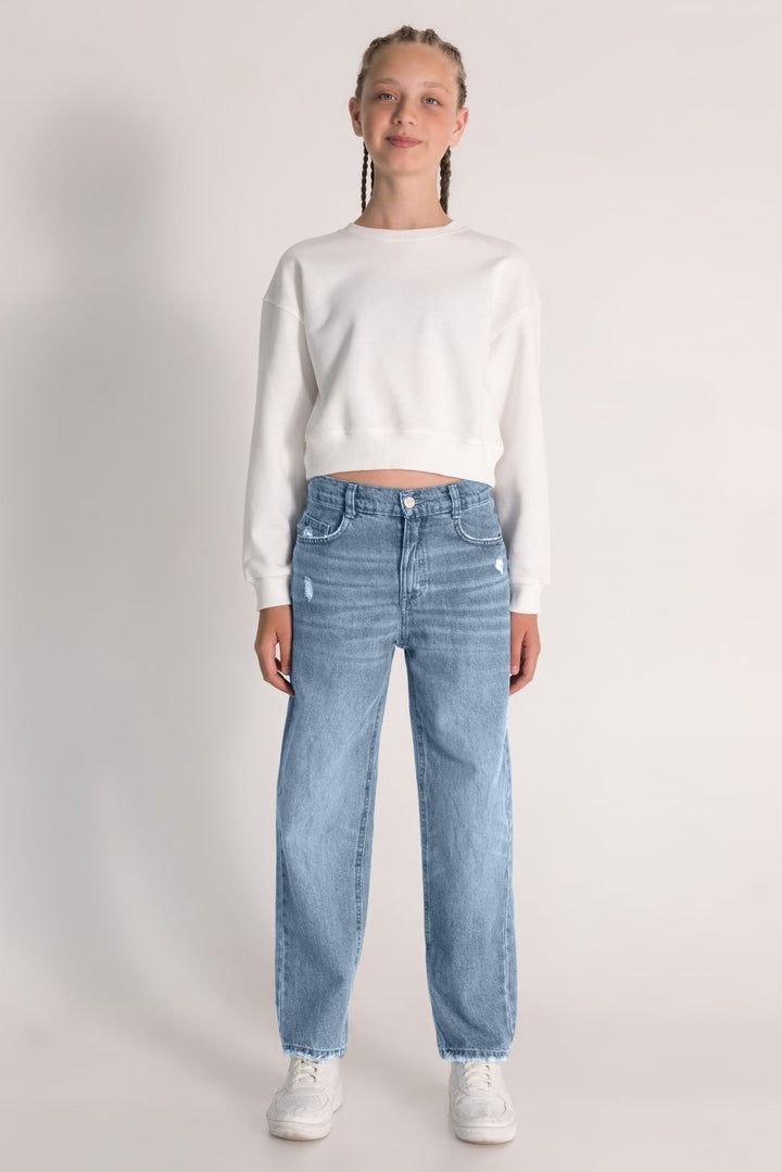 Yüksek Bel Straight Fit Düz Paça Jean Kız Çocuk Kot Pantolon