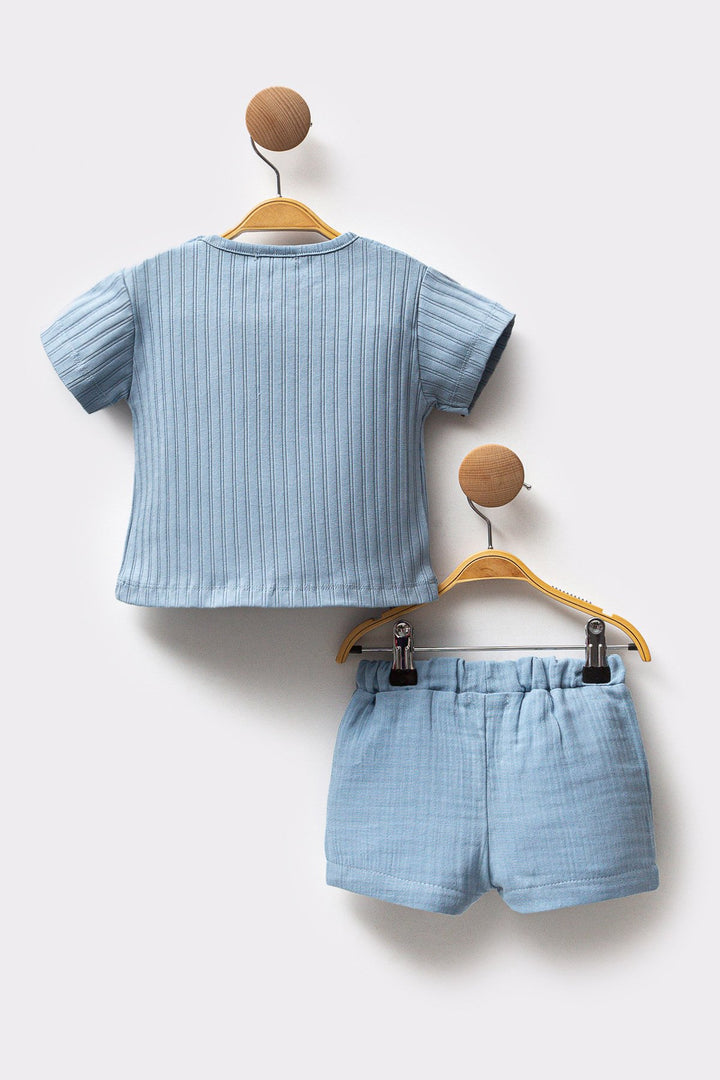 Yazı Nakışlı Fitilli Pamuklu T-shirt Müslin Kumaş Short 2'li Erkek Bebek Takım