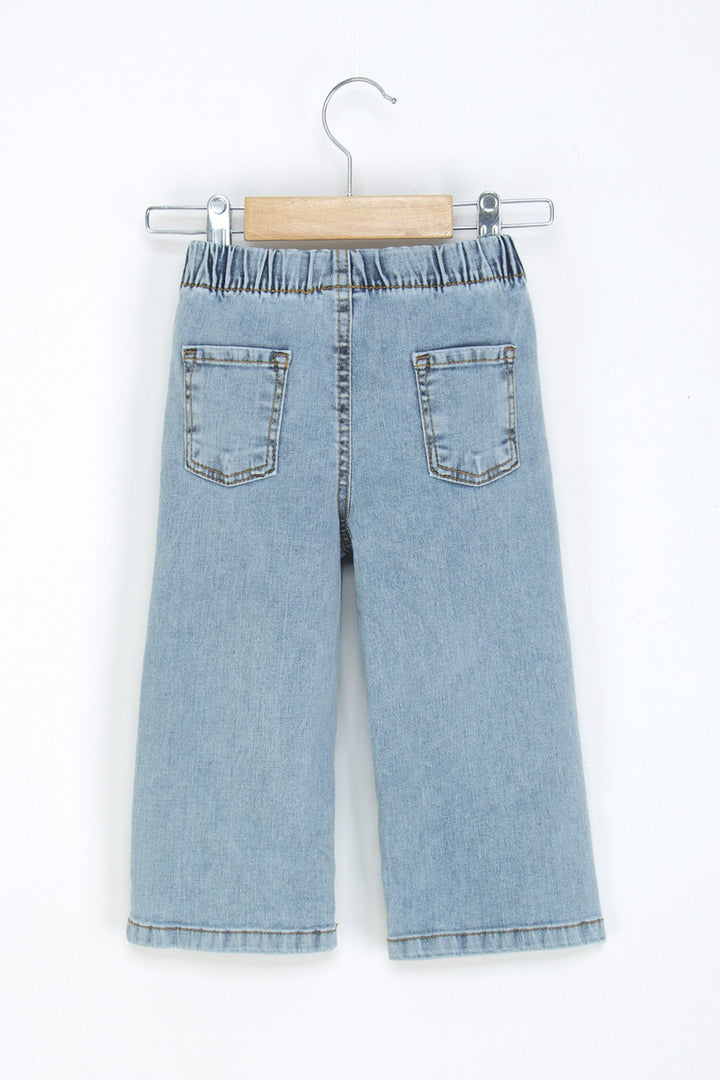 Kız Çocuk Beli Lastikli Kot Pantolon Geniş Paça Rahat Kalıp Jean