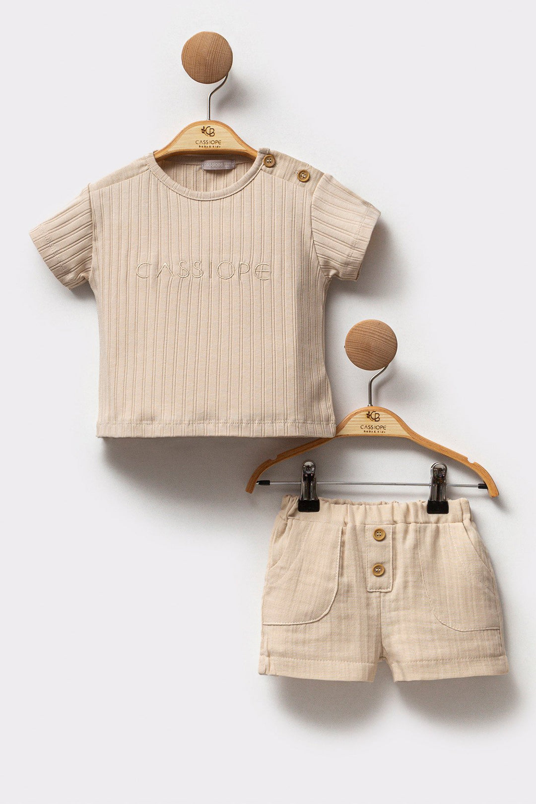 Yazı Nakışlı Fitilli Pamuklu T-shirt Müslin Kumaş Short 2'li Erkek Bebek Takım