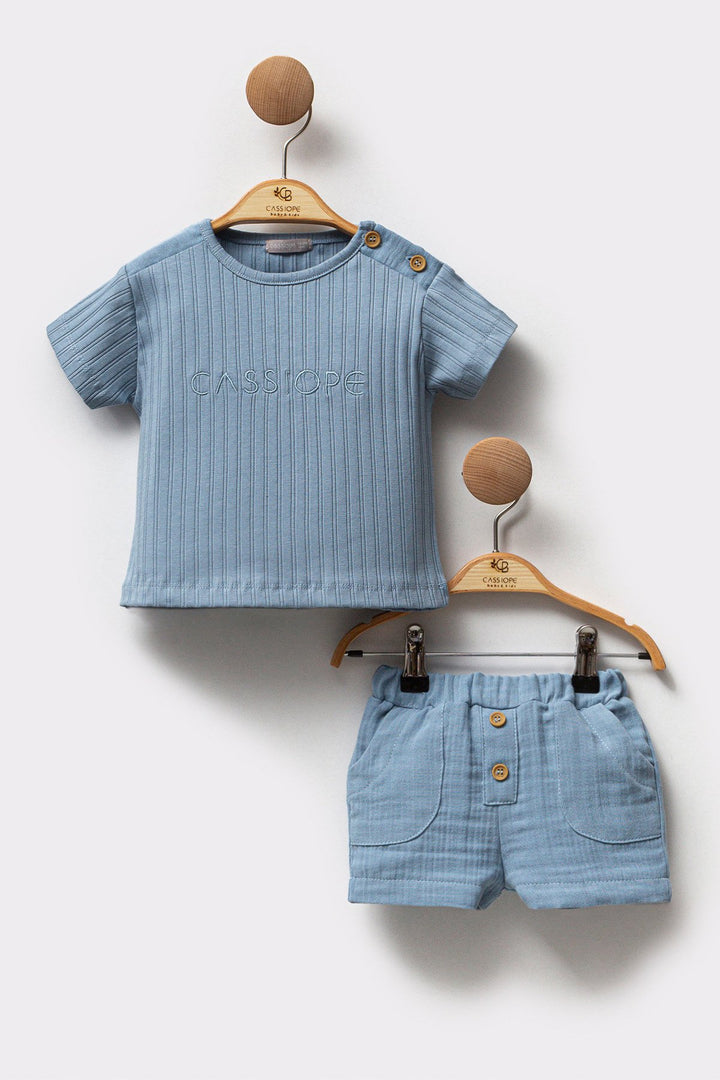 Yazı Nakışlı Fitilli Pamuklu T-shirt Müslin Kumaş Short 2'li Erkek Bebek Takım
